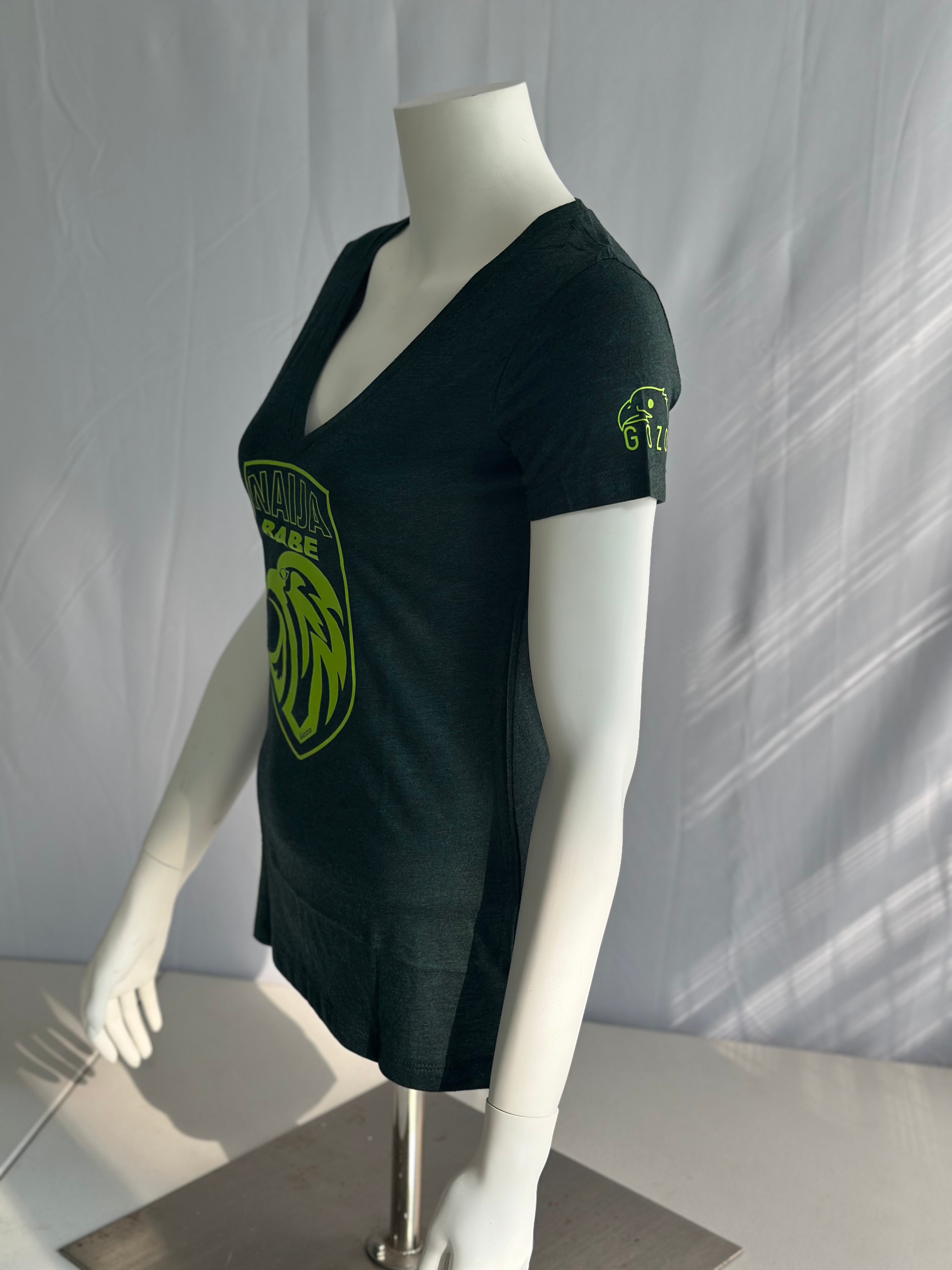 A dark green short-sleeve V-neck athletic T-shirt displayed on a white mannequin torso. The shirt features a stylized eagle head logo on the front and a smaller similar logo on the left sleeve.